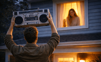 Man standing outside a house holding a boombox above his head while looking up at a woman in a lit window, symbolizing a dramatic attempt to win an ex back.