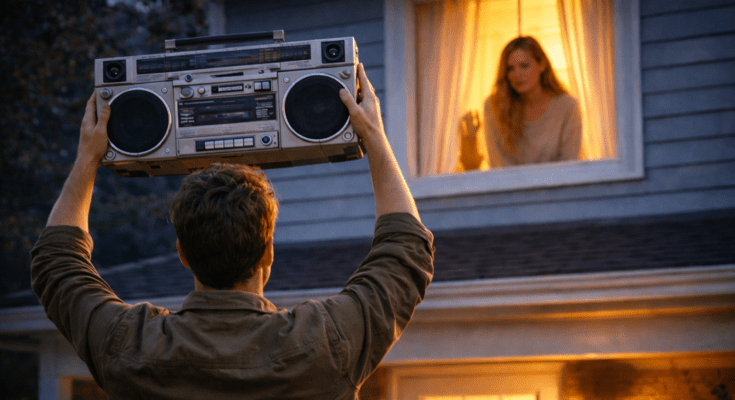 Man standing outside a house holding a boombox above his head while looking up at a woman in a lit window, symbolizing a dramatic attempt to win an ex back.