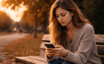 Woman sitting alone on a park bench at sunset, looking down at her phone and wondering if her ex is thinking about her after a breakup.