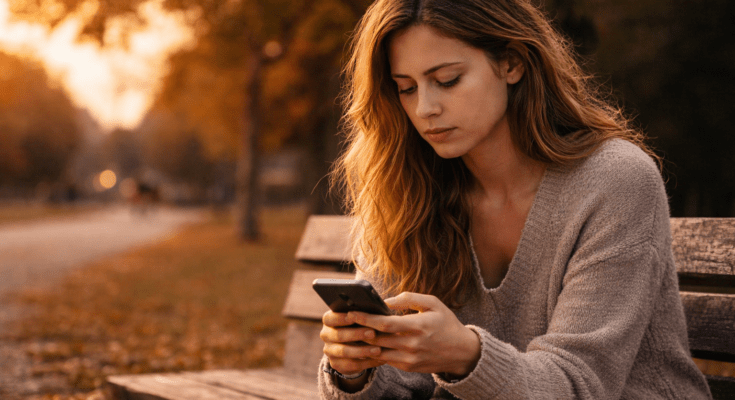 Woman sitting alone on a park bench at sunset, looking down at her phone and wondering if her ex is thinking about her after a breakup.