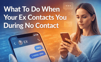 Woman checking a text from her ex during no contact, illustrating what to do when an ex contacts you after a breakup.