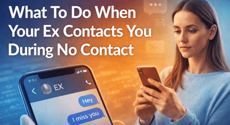 Woman checking a text from her ex during no contact, illustrating what to do when an ex contacts you after a breakup.