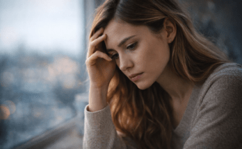 Woman sitting alone looking thoughtful and emotionally overwhelmed, reflecting the experience of limerence and obsessive romantic attachment.