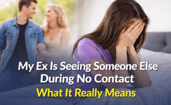 Woman looking upset at her phone while her ex walks away with someone new in the background during no contact.