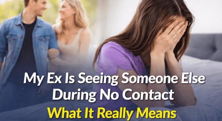 Woman looking upset at her phone while her ex walks away with someone new in the background during no contact.
