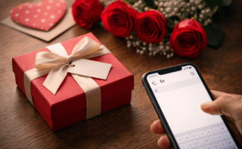 A man stands outside a window holding a Valentine’s Day gift he never sends to his ex, symbolizing no contact after a breakup.