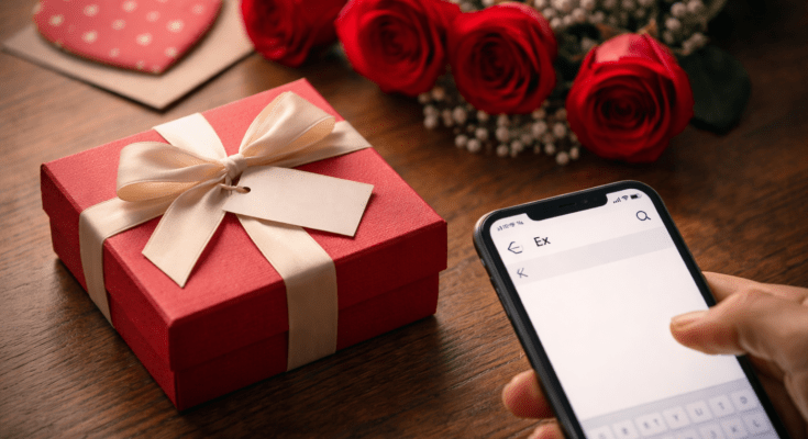 A man stands outside a window holding a Valentine’s Day gift he never sends to his ex, symbolizing no contact after a breakup.
