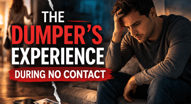 Man looking at his phone thoughtfully after a breakup illustrating the dumper’s experience during the no contact rule.