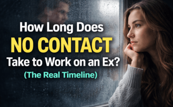 Woman looking out rainy window reflecting on breakup with text “How Long Does No Contact Take to Work on an Ex? The Real Timeline.”