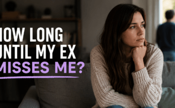 Woman sitting alone on a couch wondering how long it will take for her ex to miss her after a breakup while a man stands in the background.