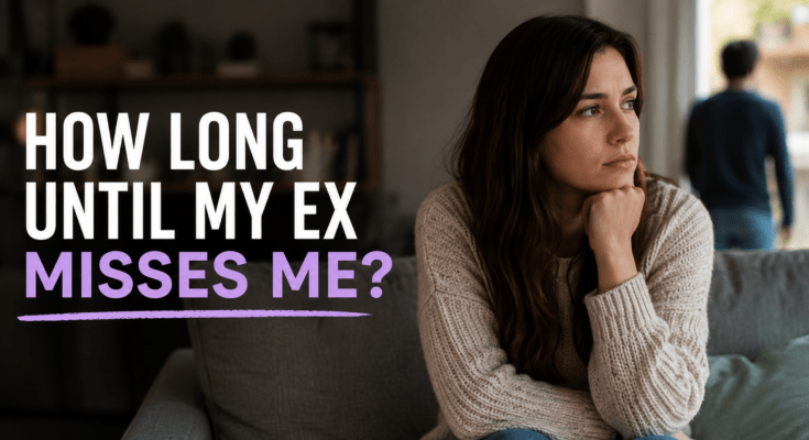Woman sitting alone on a couch wondering how long it will take for her ex to miss her after a breakup while a man stands in the background.