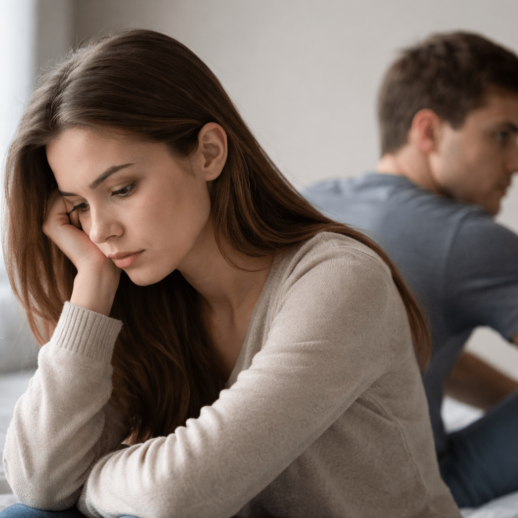 A couple sitting apart on a bed after a breakup, showing emotional distance and relationship pain