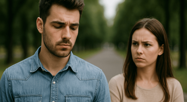 Man looking ahead while a woman stands blurred in the background, representing emotional distance after a breakup.