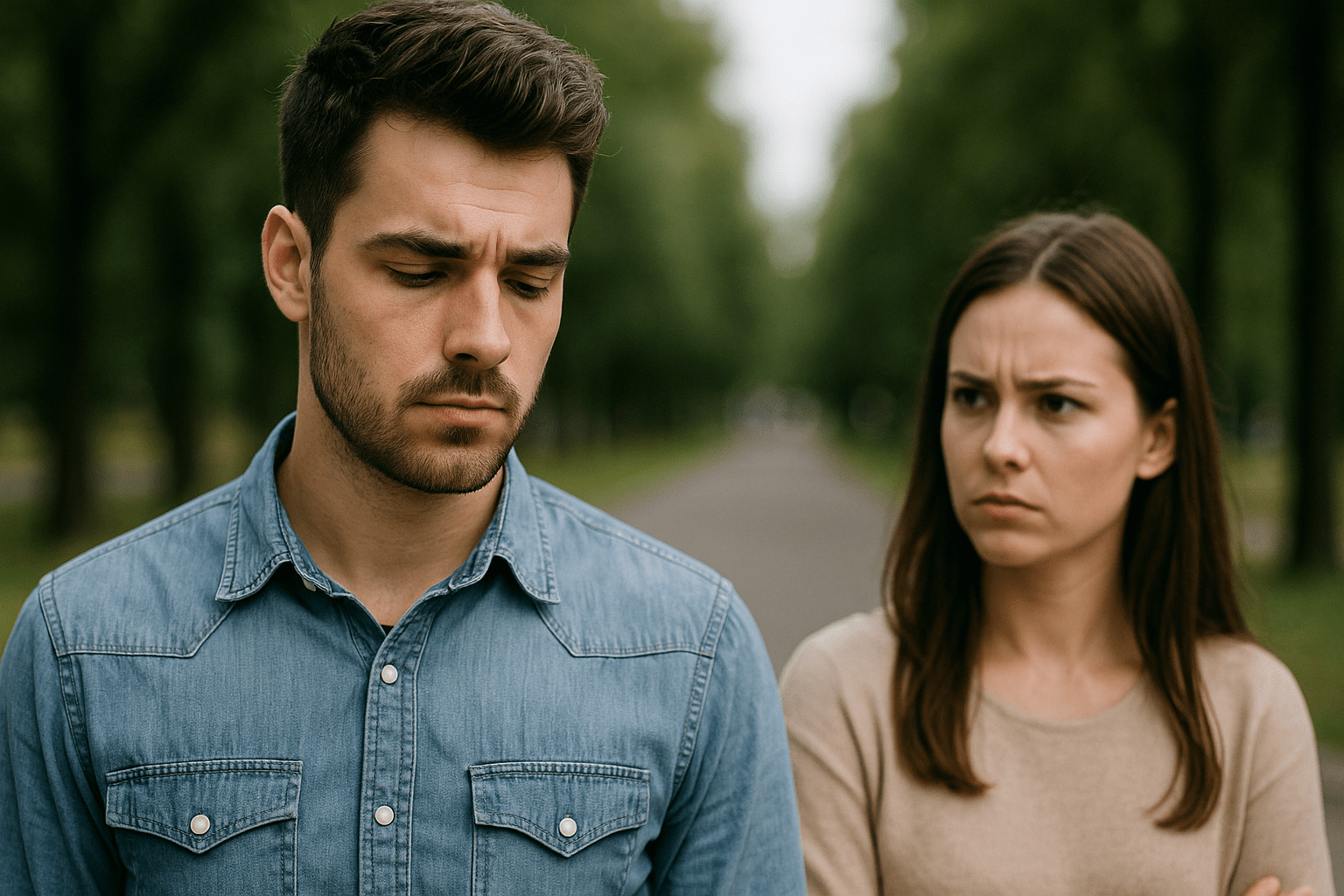 Man looking ahead while a woman stands blurred in the background, representing emotional distance after a breakup.