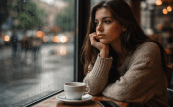 Woman sitting alone in a café looking out a rainy window while thinking about whether her ex is truly done with the relationship.
