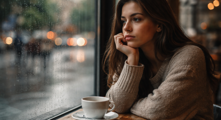Woman sitting alone in a café looking out a rainy window while thinking about whether her ex is truly done with the relationship.