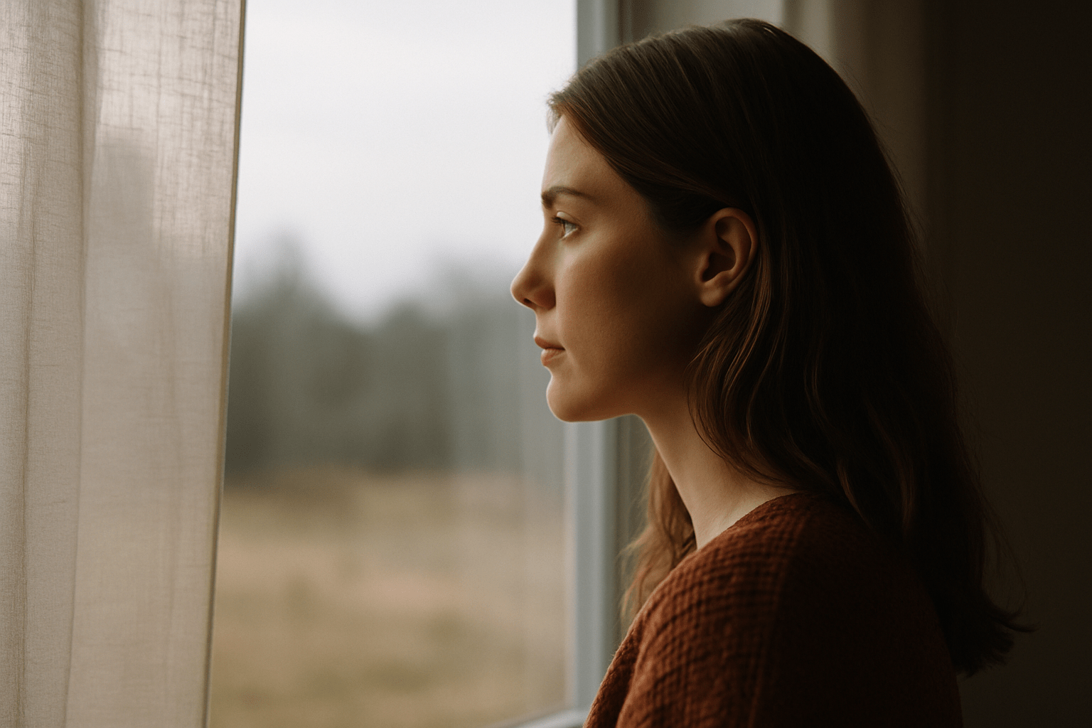 Woman looking out the window wondering if no contact is working and what to look for.