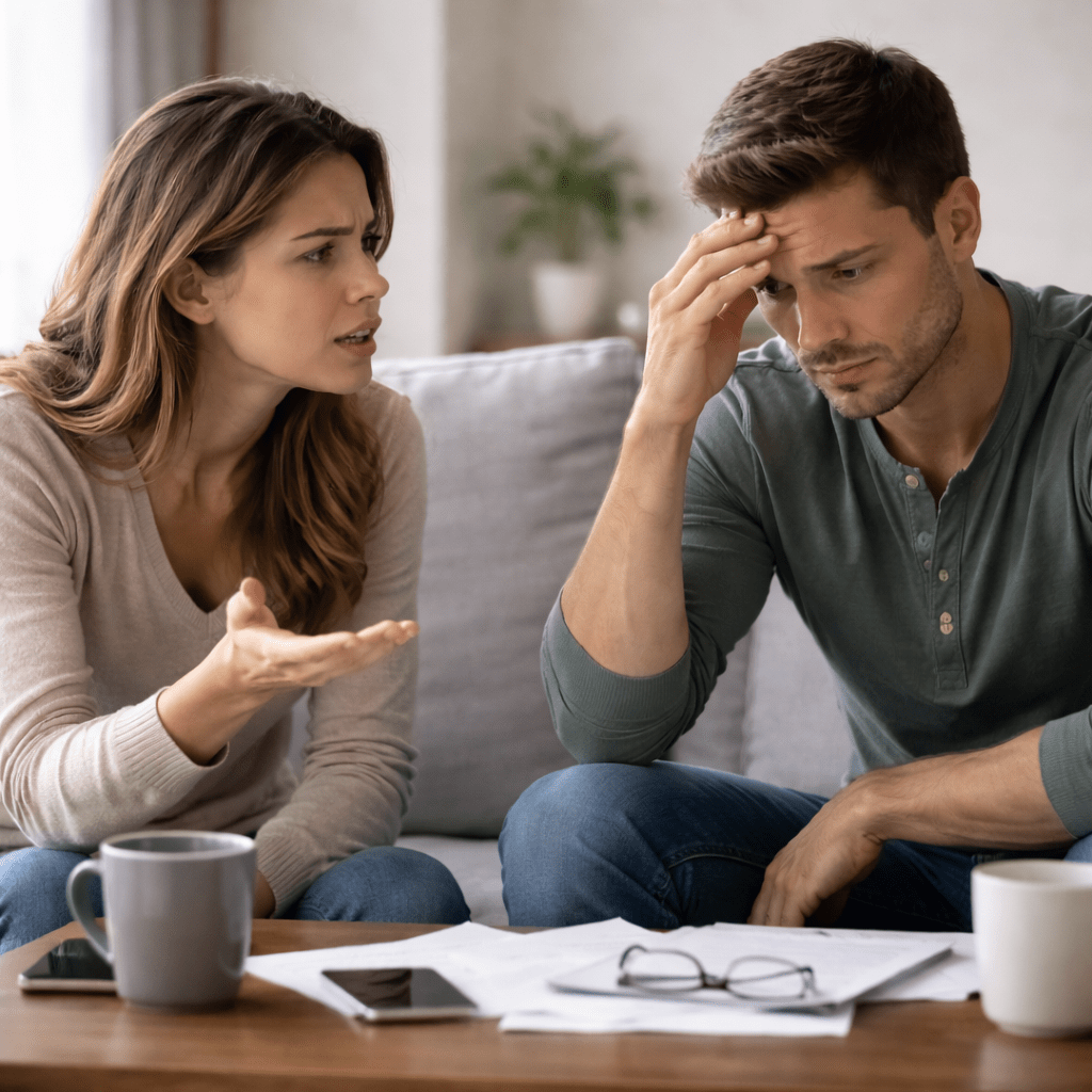 A married couple arguing at home, showing tension and emotional strain in a troubled relationship.