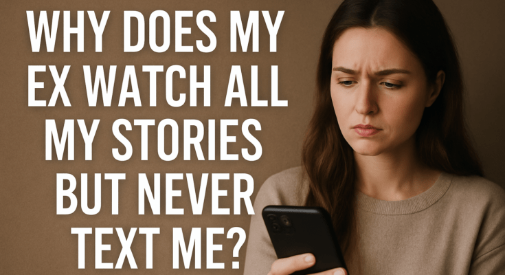 Woman looking at her phone feeling confused while reading Instagram stories from an ex