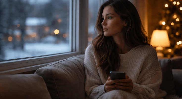 Woman sitting by a window after Christmas, quietly thinking about an ex who did not reach out