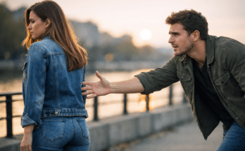 A man reaches toward a woman who walks away, symbolizing how chasing during a breakup makes someone pull further away.