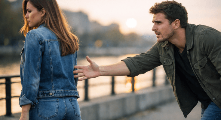 A man reaches toward a woman who walks away, symbolizing how chasing during a breakup makes someone pull further away.