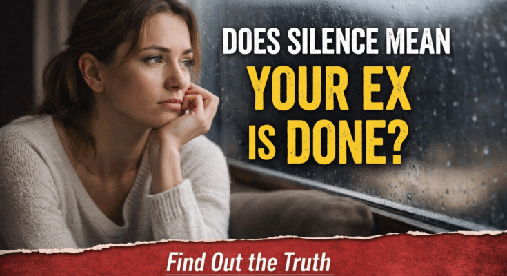 Woman looking out a window after a breakup, wondering if silence means her ex is truly done