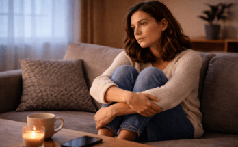 Person sitting on a sofa with their phone nearby, missing an ex while trying to stay in no contact.