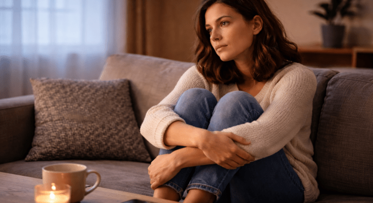 Person sitting on a sofa with their phone nearby, missing an ex while trying to stay in no contact.