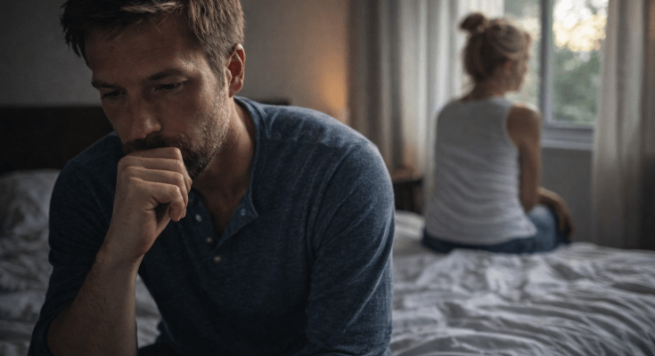 Man sitting on bed in quiet emotional distance after a breakup while his partner sits turned away near a window