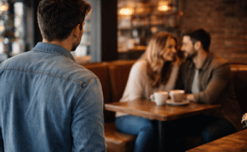 Man standing in a coffee shop watching his ex-girlfriend sit in a booth with another man