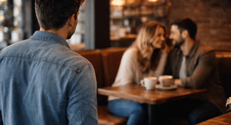 Man standing in a coffee shop watching his ex-girlfriend sit in a booth with another man