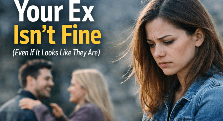 Woman looking down sadly in the foreground while a happy couple talks in the blurred background, with the text “Your Ex Isn’t Fine (Even If It Looks Like They Are)” displayed, symbolizing hidden post-breakup emotions.