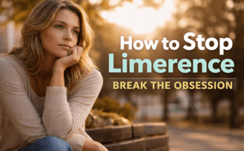 Thoughtful woman sitting on a bench looking reflective, representing someone trying to stop limerence and break obsessive romantic thoughts.
