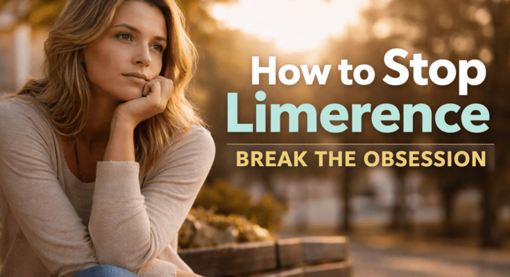 Thoughtful woman sitting on a bench looking reflective, representing someone trying to stop limerence and break obsessive romantic thoughts.