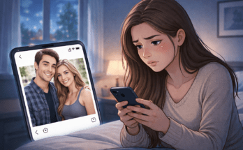 Woman looking sadly at her phone after seeing her ex with someone new on social media.