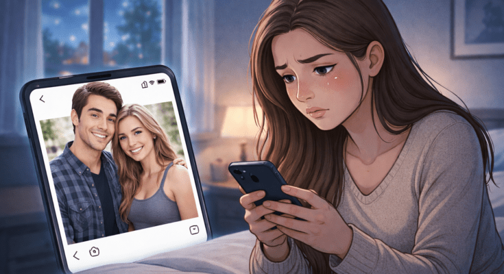 Woman looking sadly at her phone after seeing her ex with someone new on social media.