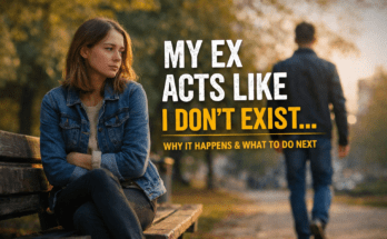 Sad woman sitting alone as her ex walks away ignoring her, illustrating when your ex acts like you don’t exist