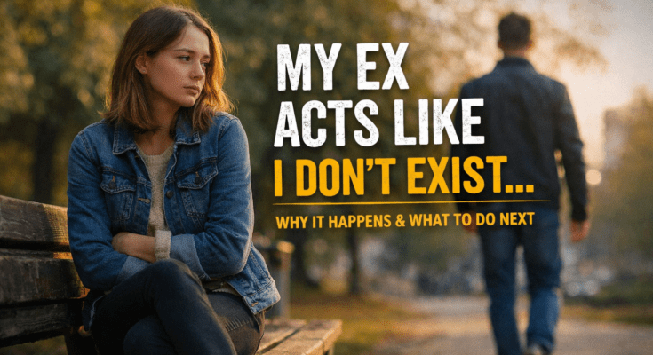 Sad woman sitting alone as her ex walks away ignoring her, illustrating when your ex acts like you don’t exist