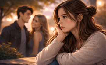 heartbroken woman watching her ex with a new partner while feeling ignored after a breakup