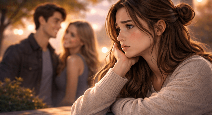 heartbroken woman watching her ex with a new partner while feeling ignored after a breakup