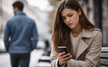 Woman looking sadly at her phone after a breakup while her ex boyfriend walks away in the background.