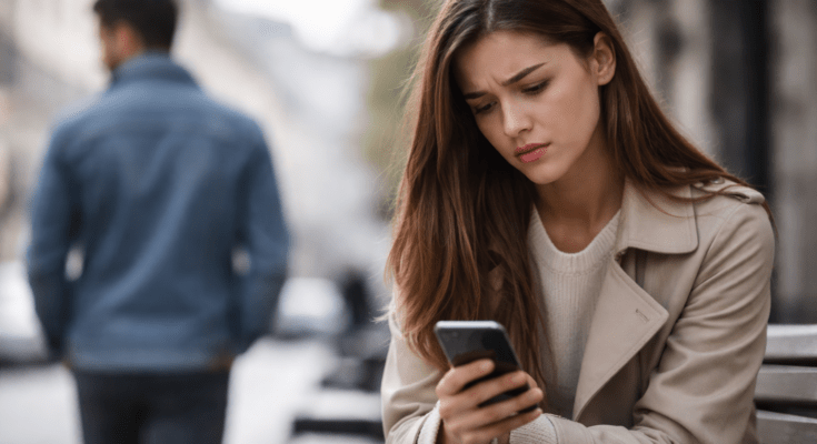 Woman looking sadly at her phone after a breakup while her ex boyfriend walks away in the background.