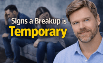 Signs a breakup is temporary concept showing couple separated on couch with relationship coach on right