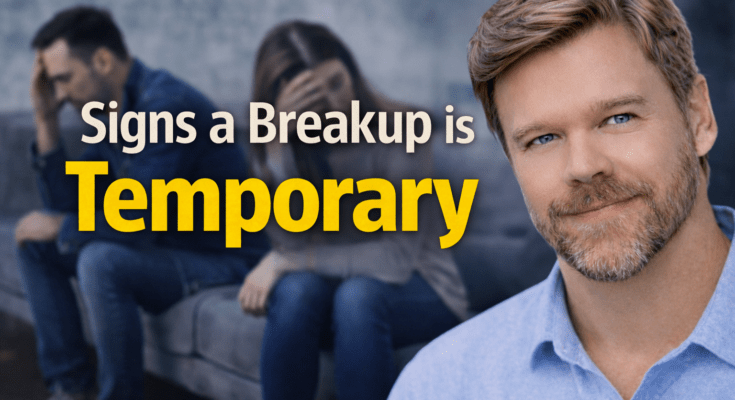 Signs a breakup is temporary concept showing couple separated on couch with relationship coach on right