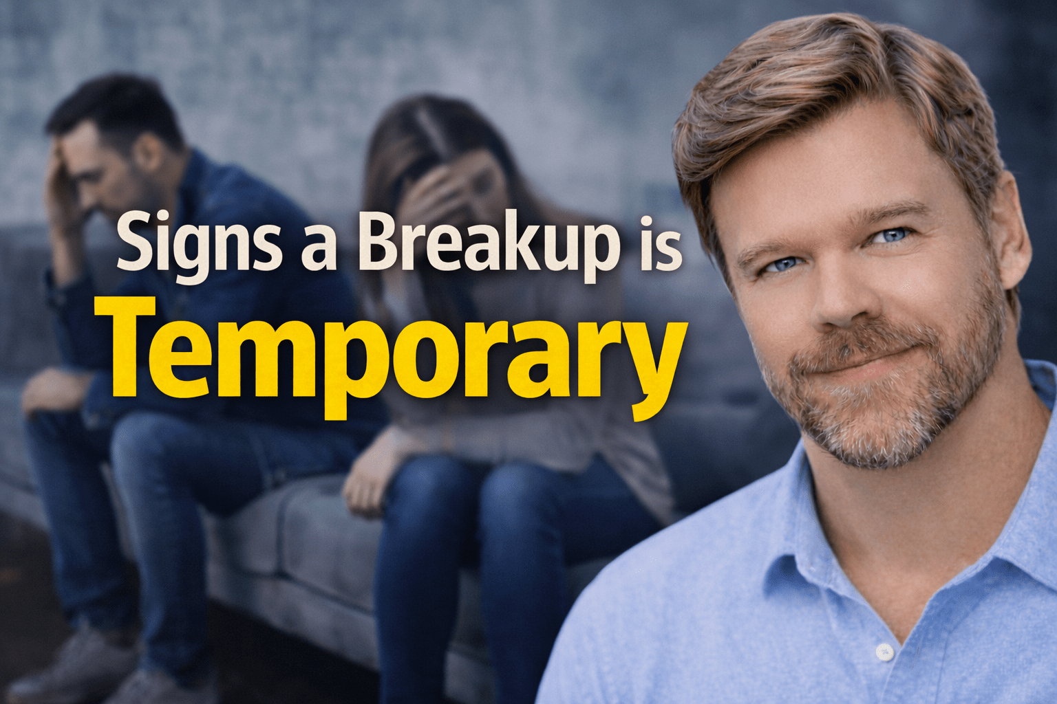 Signs a breakup is temporary concept showing couple separated on couch with relationship coach on right