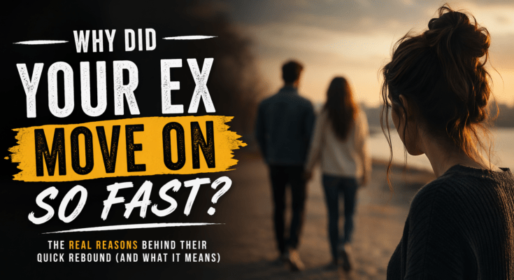 Woman watching her ex walk away with a new partner at sunset after a breakup, symbolizing a fast rebound relationship