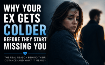 Woman looking away sadly while a distant man walks away, illustrating why dumpers often become colder before they begin missing their ex after a breakup.