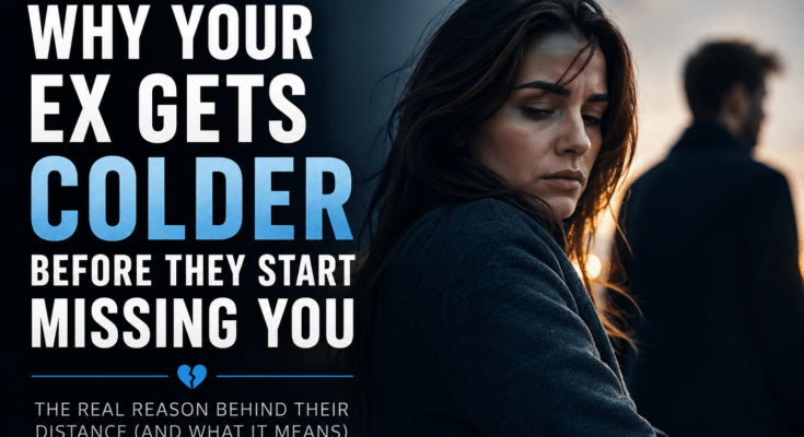 Woman looking away sadly while a distant man walks away, illustrating why dumpers often become colder before they begin missing their ex after a breakup.