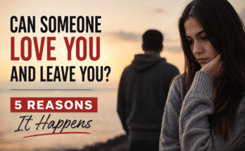 Can someone love you and leave you? Sad woman and distant man representing heartbreak, breakup confusion, and reasons someone leaves a relationship despite having feelings.
